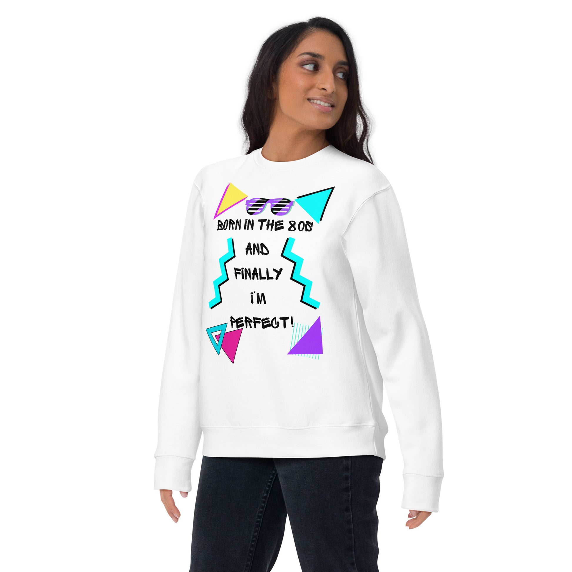 Hipyfi Retro 80s Unisex Premium Sweatshirt – Born in the 80s, featuring bold geometric design and vibrant neon colors. white-front-6