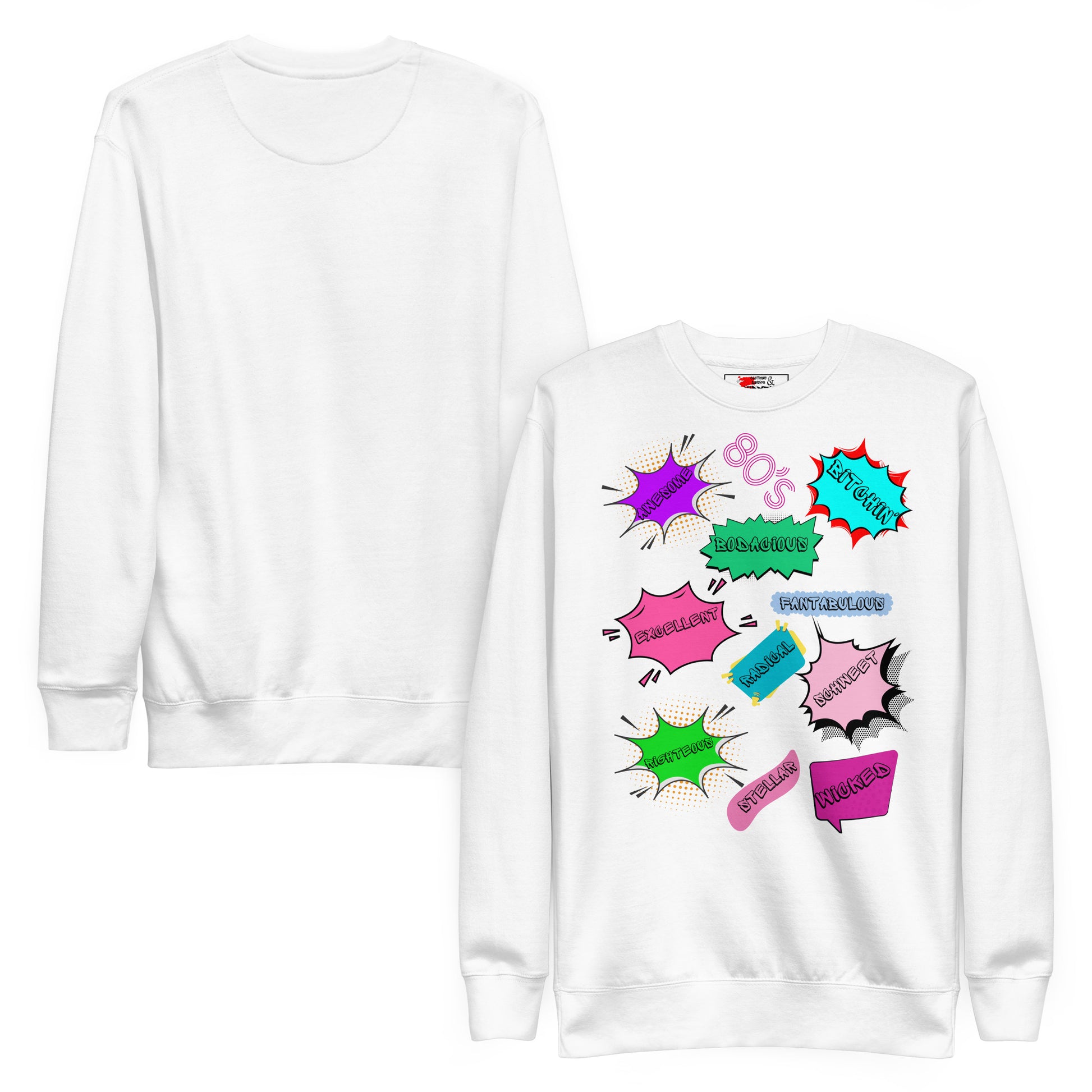 Hipyfi Unisex 80s Pop Art Sweatshirt – Vibrant Retro Graphic Design featuring bold neon colors and comic book style graphics. white-front-and-back