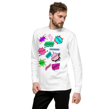 Hipyfi Unisex 80s Pop Art Sweatshirt – Vibrant Retro Graphic Design featuring bold neon colors and comic book style graphics. white-left-front