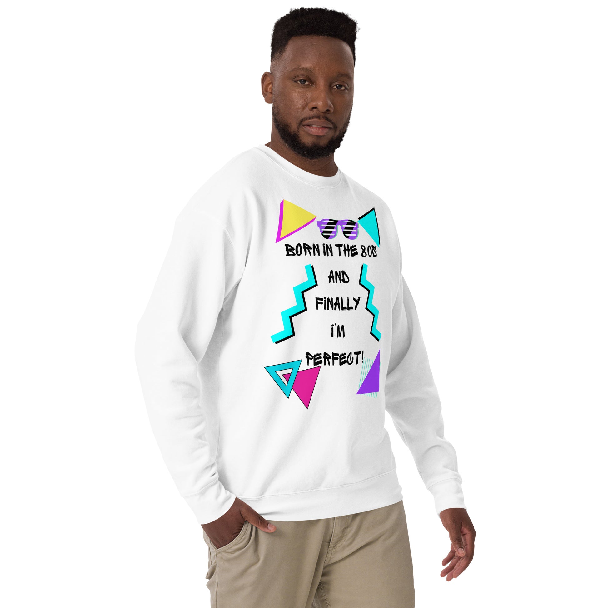 Hipyfi Retro 80s Unisex Premium Sweatshirt – Born in the 80s, featuring bold geometric design and vibrant neon colors. white-right-front-5