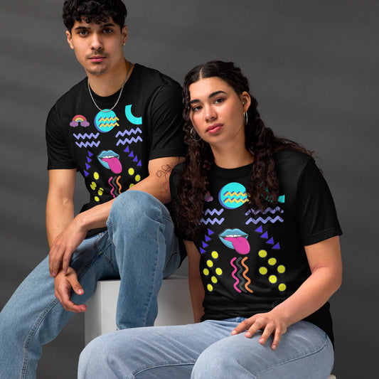 Unisex eco-friendly t-shirt with bold 80s Memphis pop art design – Retro graphic tee by Hipyfi Clothes & Design. black-front