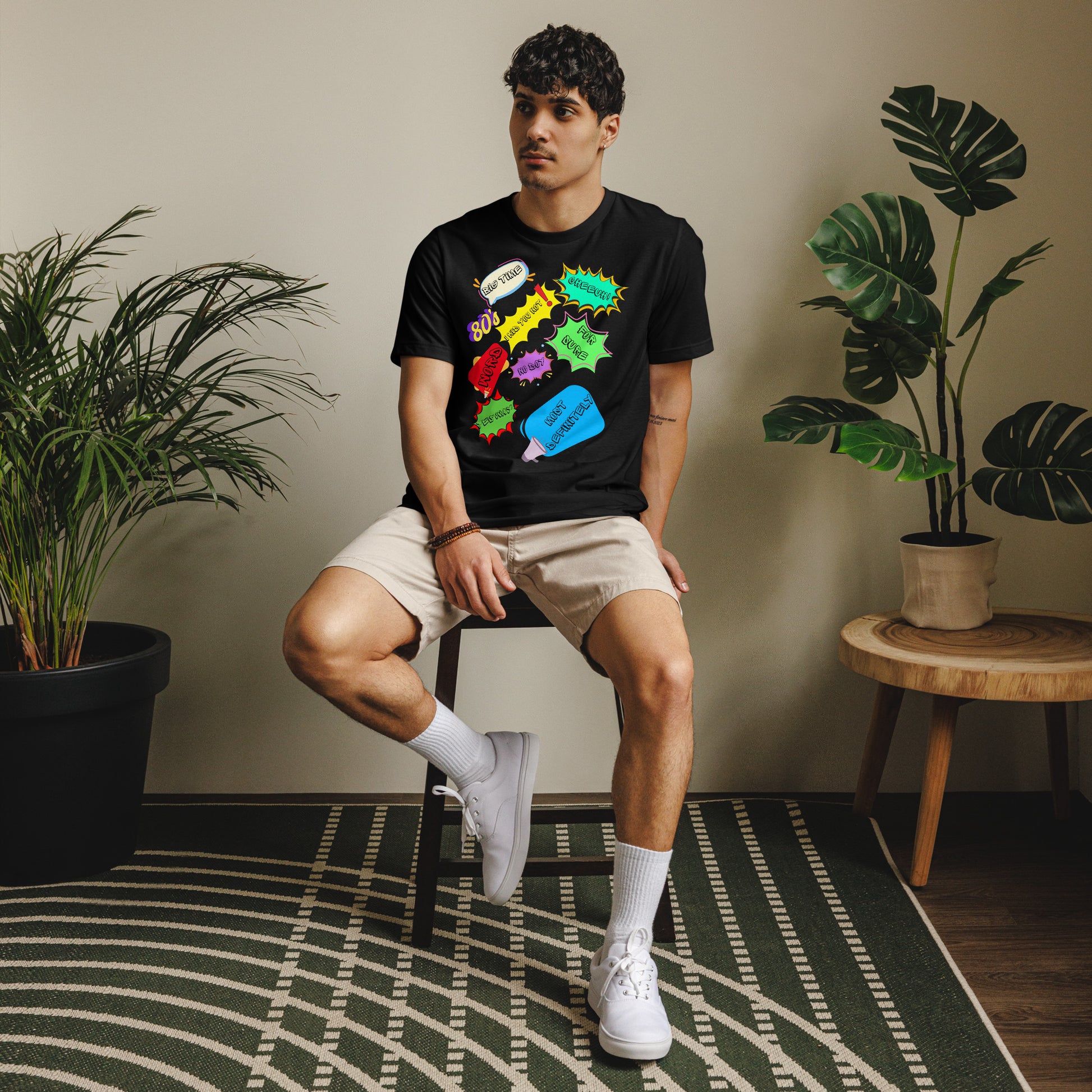 Unisex Eco T-Shirt with Retro 80s Pop Art Neon Graphic – Sustainable Streetwear by Hipyfi Clothes & Design. black-front-2