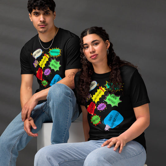 Unisex Eco T-Shirt with Retro 80s Pop Art Neon Graphic – Sustainable Streetwear by Hipyfi Clothes & Design. black-front