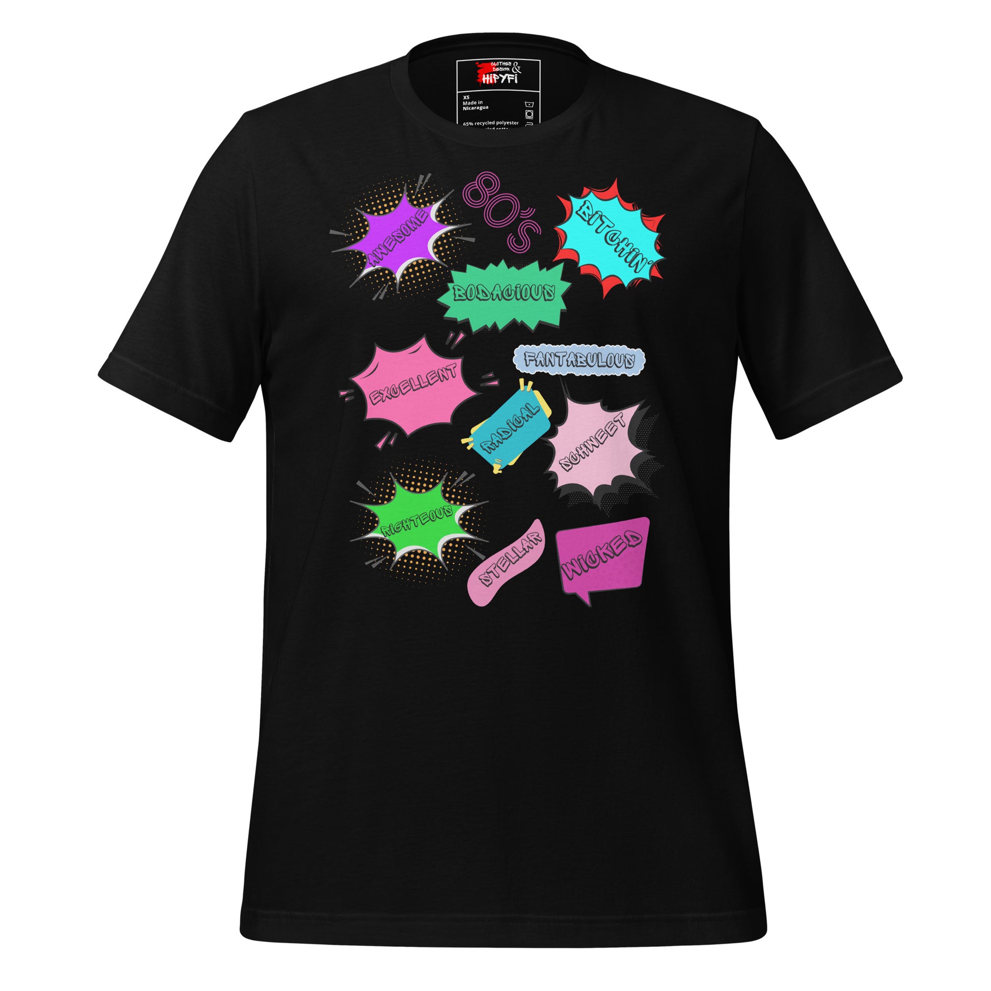 Hipyfi Unisex Eco-Friendly Retro Graphic Tee – 80s Pop Art Design, Recycled Materials, Casual Streetwear. black-front-4