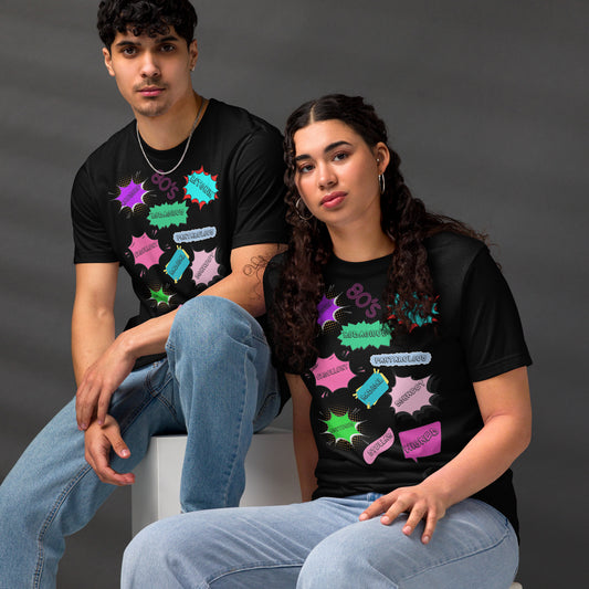 Hipyfi Unisex Eco-Friendly Retro Graphic Tee – 80s Pop Art Design, Recycled Materials, Casual Streetwear. black-front