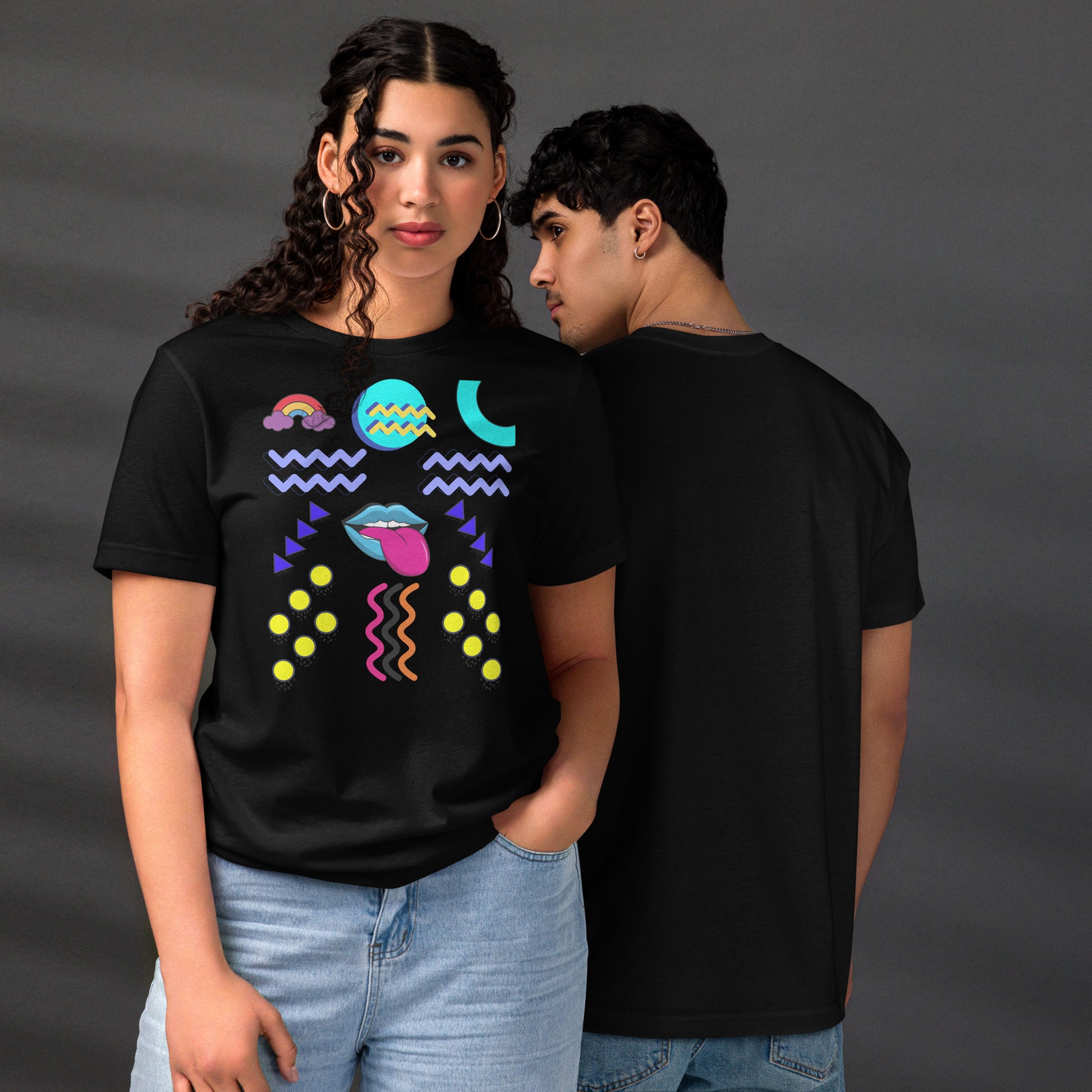 Unisex eco-friendly t-shirt with bold 80s Memphis pop art design – Retro graphic tee by Hipyfi Clothes & Design. black-front-and-back