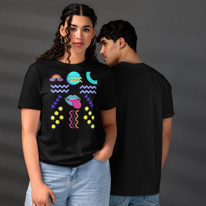 Unisex eco-friendly t-shirt with bold 80s Memphis pop art design – Retro graphic tee by Hipyfi Clothes & Design. black-front-and-back