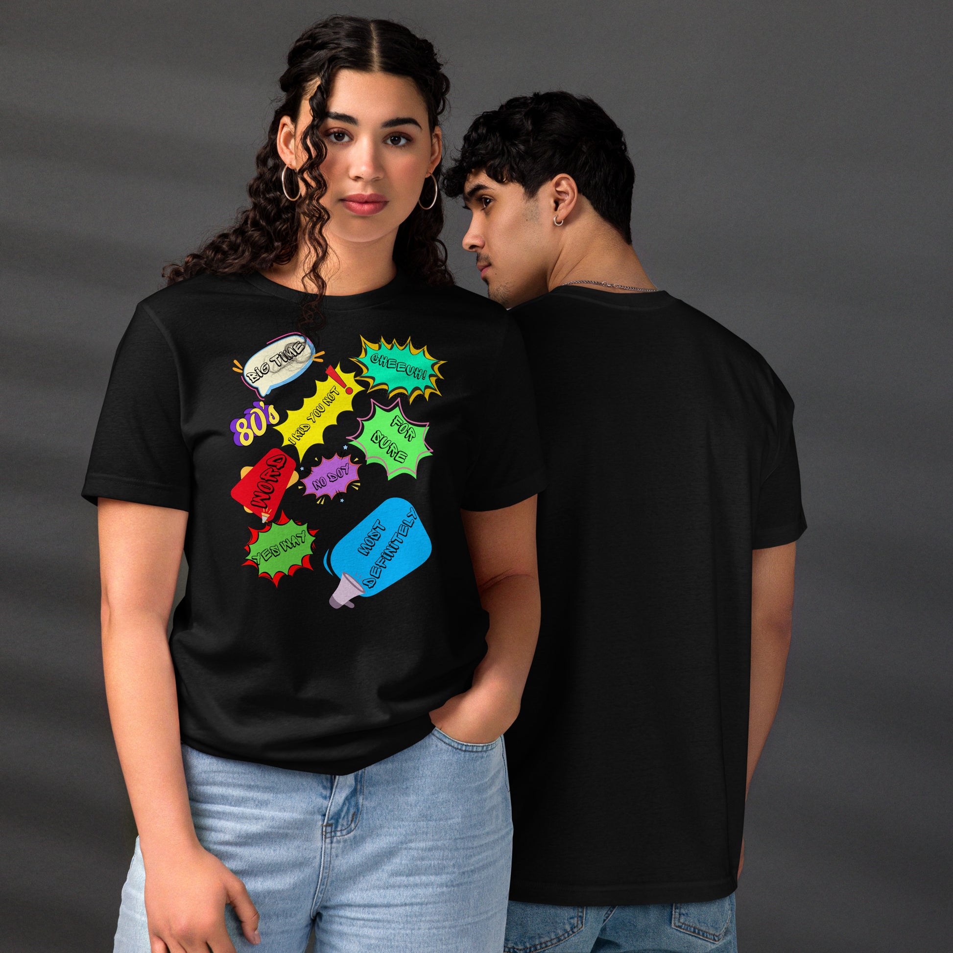Unisex Eco T-Shirt with Retro 80s Pop Art Neon Graphic – Sustainable Streetwear by Hipyfi Clothes & Design. black-front-and-back