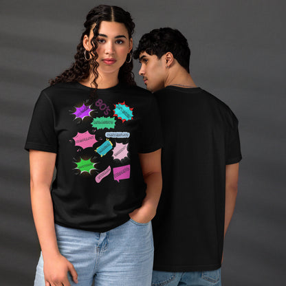 Hipyfi Unisex Eco-Friendly Retro Graphic Tee – 80s Pop Art Design, Recycled Materials, Casual Streetwear. black-front-and-back
