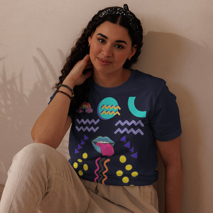 Unisex eco-friendly t-shirt with bold 80s Memphis pop art design – Retro graphic tee by Hipyfi Clothes & Design. navy-front-3