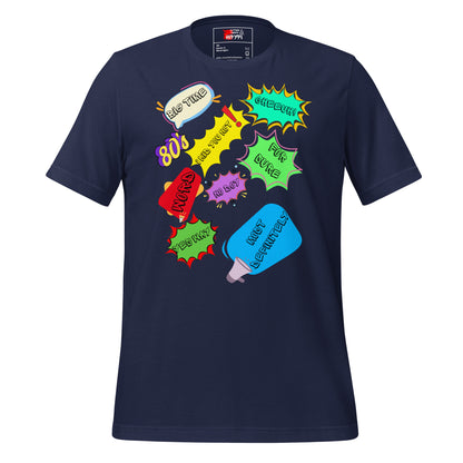 Unisex Eco T-Shirt with Retro 80s Pop Art Neon Graphic – Sustainable Streetwear by Hipyfi Clothes & Design. navy-front-4