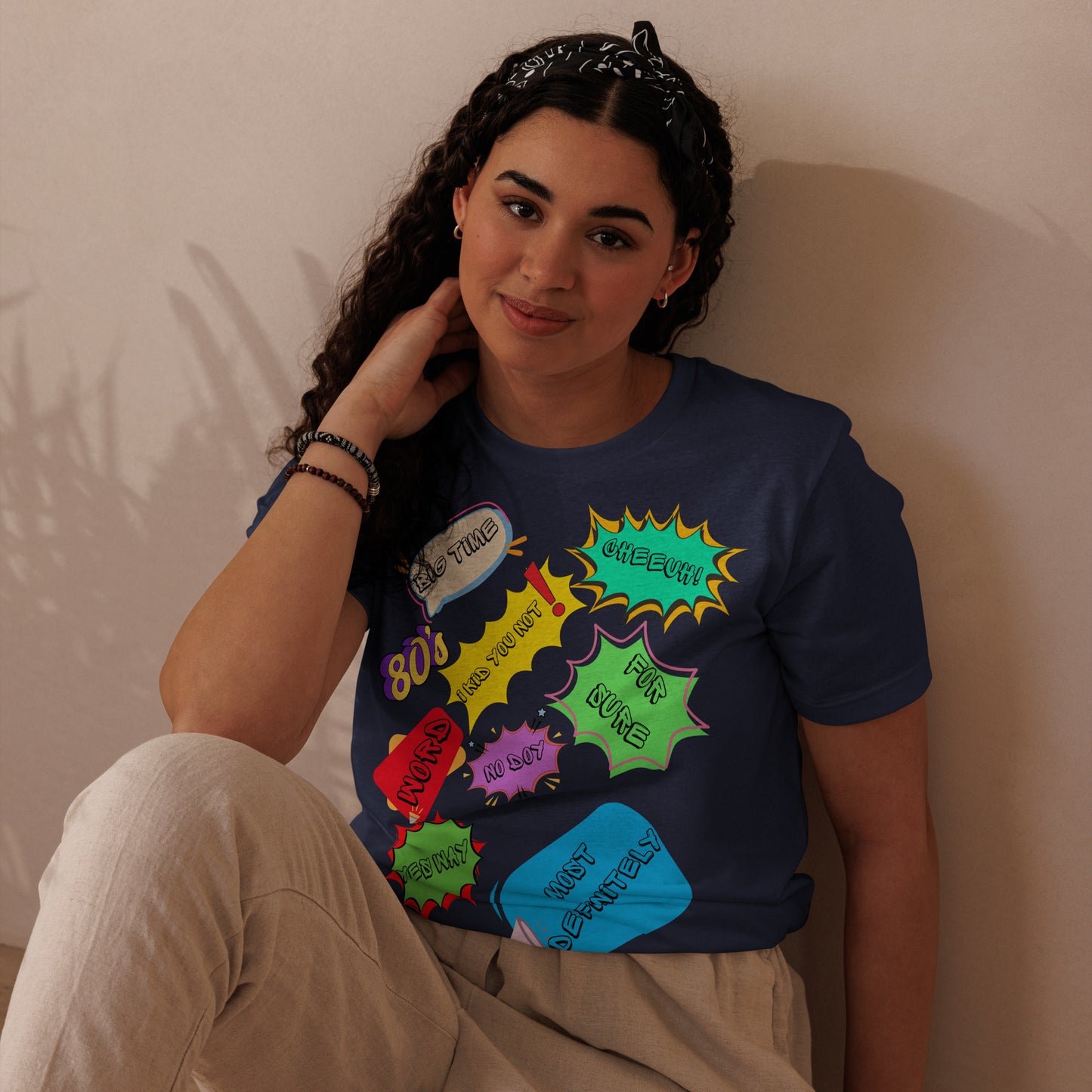 Unisex Eco T-Shirt with Retro 80s Pop Art Neon Graphic – Sustainable Streetwear by Hipyfi Clothes & Design. navy-front-3