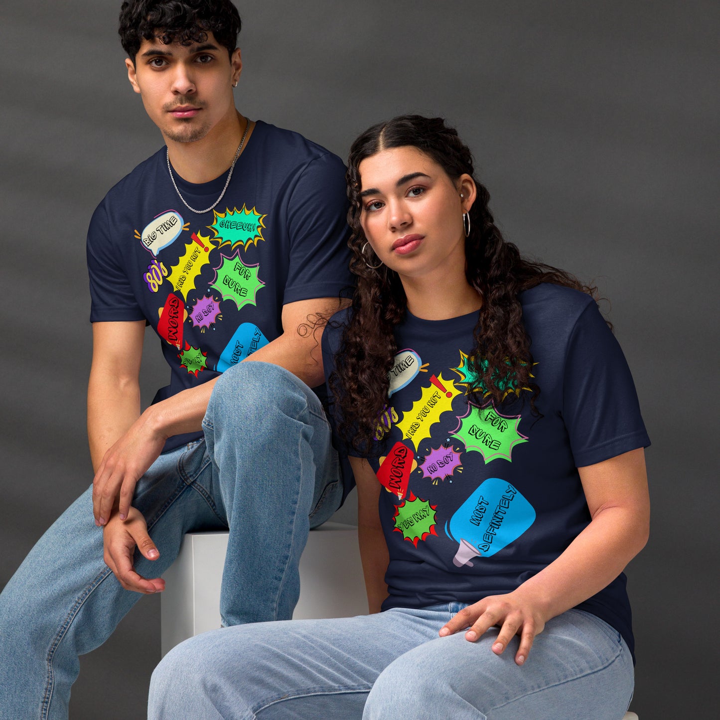 Unisex Eco T-Shirt with Retro 80s Pop Art Neon Graphic – Sustainable Streetwear by Hipyfi Clothes & Design. navy-front