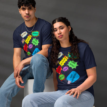 Unisex Eco T-Shirt with Retro 80s Pop Art Neon Graphic – Sustainable Streetwear by Hipyfi Clothes & Design. navy-front