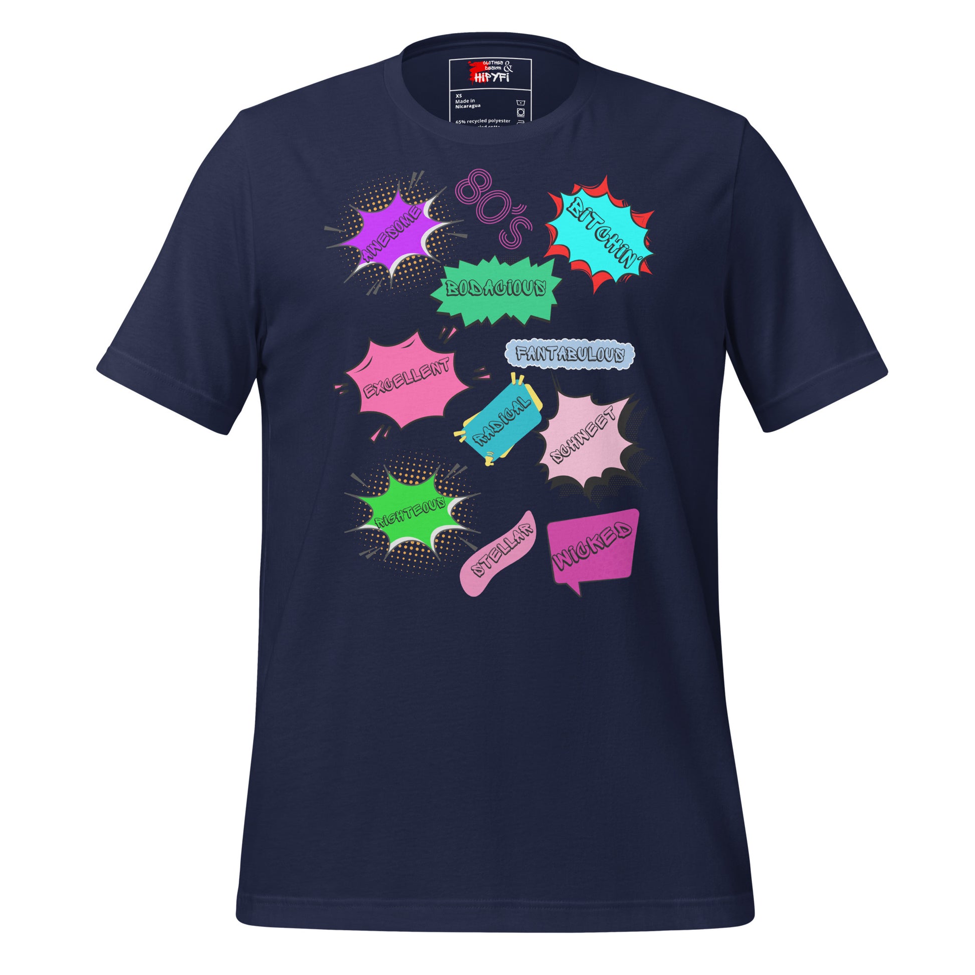 Hipyfi Unisex Eco-Friendly Retro Graphic Tee – 80s Pop Art Design, Recycled Materials, Casual Streetwear. navy-front-4