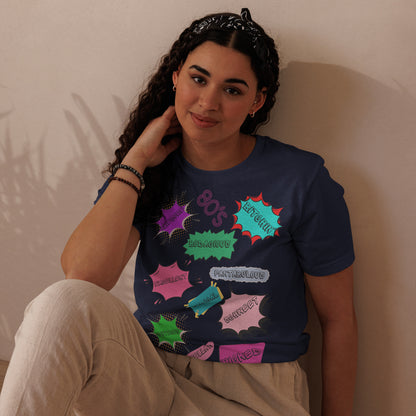 Hipyfi Unisex Eco-Friendly Retro Graphic Tee – 80s Pop Art Design, Recycled Materials, Casual Streetwear. navy-front-3