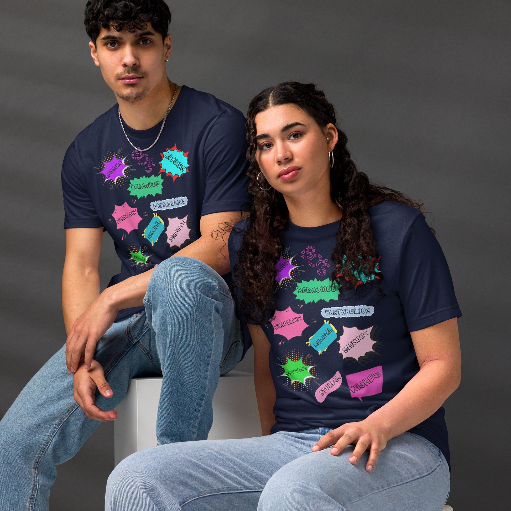 Hipyfi Unisex Eco-Friendly Retro Graphic Tee – 80s Pop Art Design, Recycled Materials, Casual Streetwear. navy-front