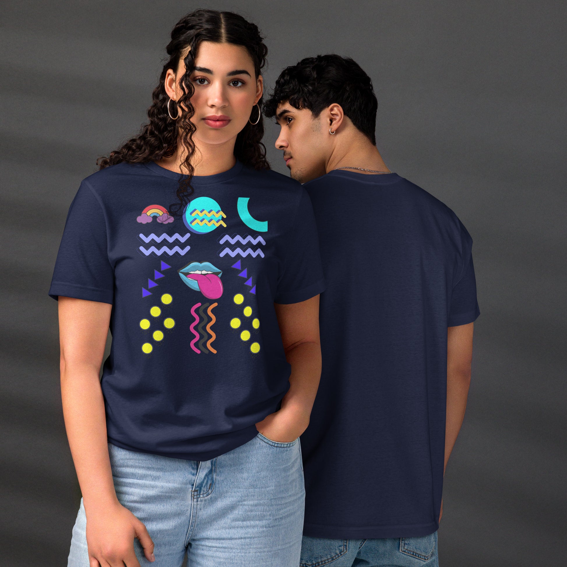 Unisex eco-friendly t-shirt with bold 80s Memphis pop art design – Retro graphic tee by Hipyfi Clothes & Design. navy-front-and-back