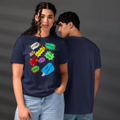 Unisex Eco T-Shirt with Retro 80s Pop Art Neon Graphic – Sustainable Streetwear by Hipyfi Clothes & Design. navy-front-and-back