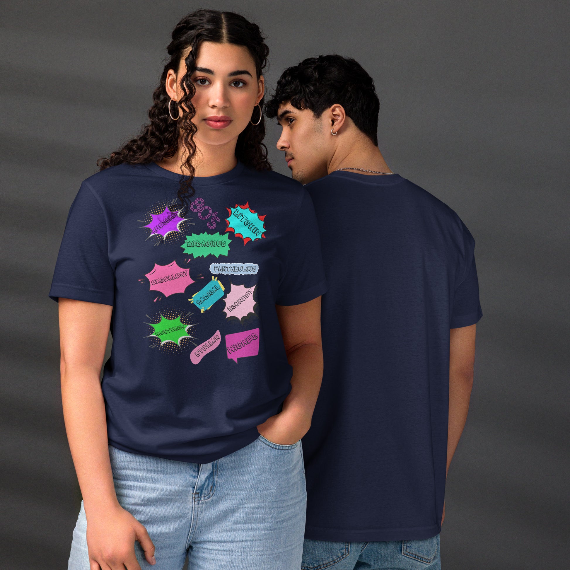 Hipyfi Unisex Eco-Friendly Retro Graphic Tee – 80s Pop Art Design, Recycled Materials, Casual Streetwear. navy-front-and-back