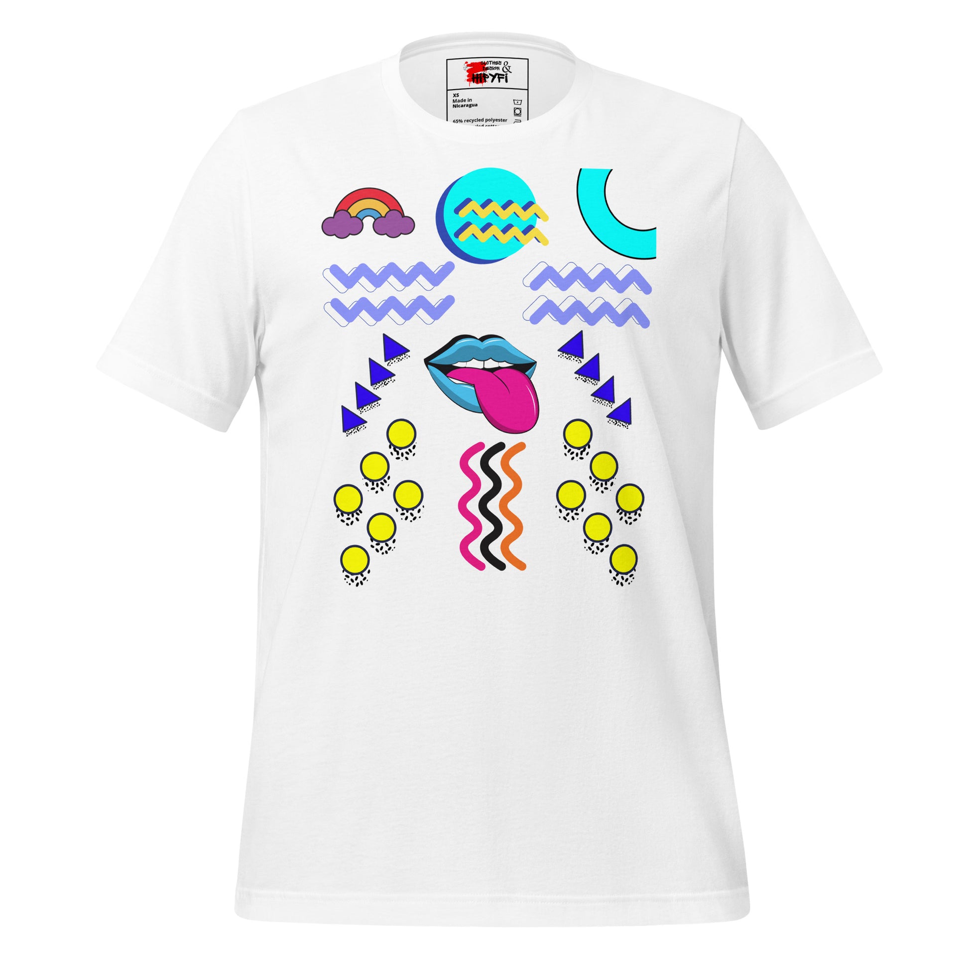 Unisex eco-friendly t-shirt with bold 80s Memphis pop art design – Retro graphic tee by Hipyfi Clothes & Design. white-front-4