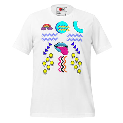 Unisex eco-friendly t-shirt with bold 80s Memphis pop art design – Retro graphic tee by Hipyfi Clothes & Design. white-front-4