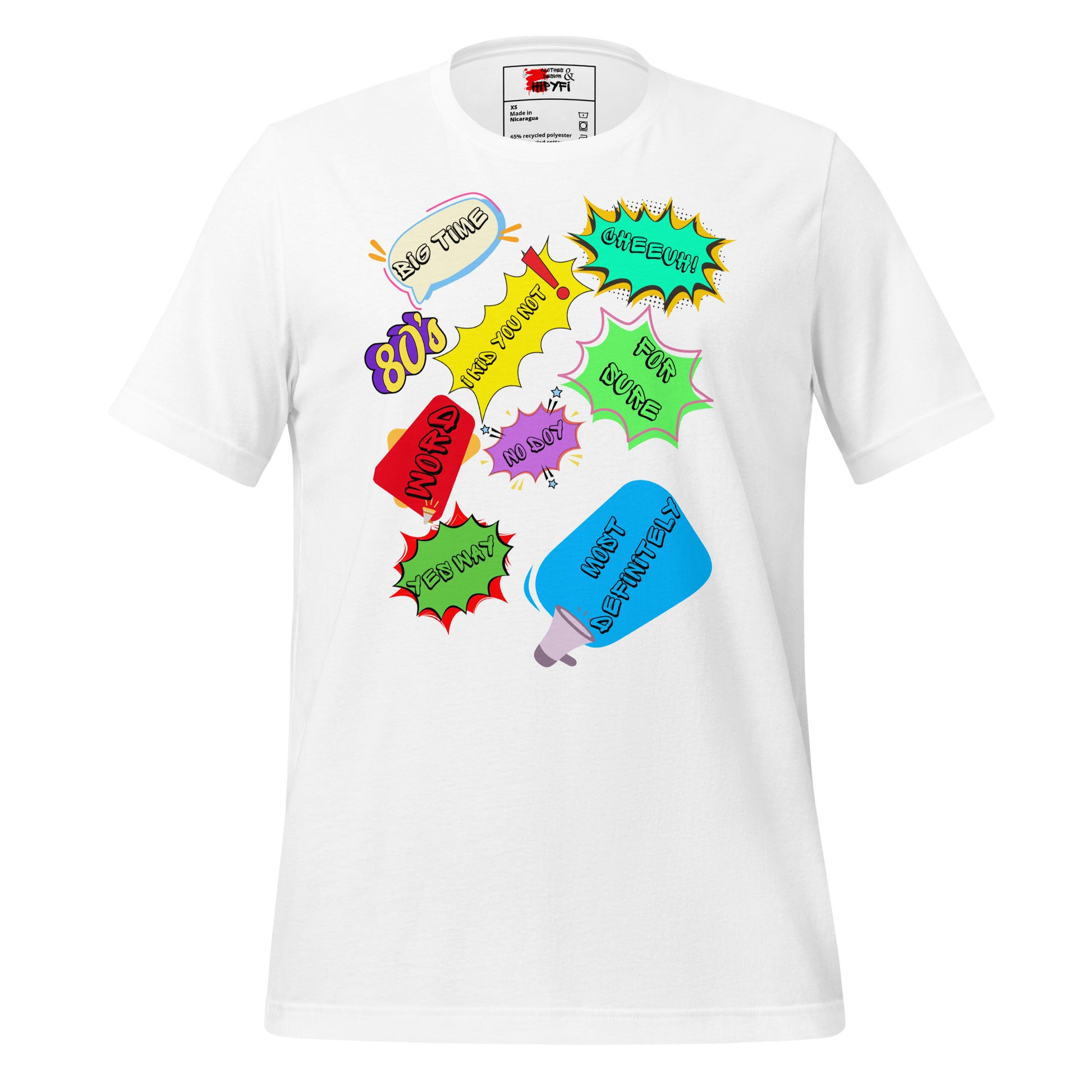 Unisex Eco T-Shirt with Retro 80s Pop Art Neon Graphic – Sustainable Streetwear by Hipyfi Clothes & Design. white-front-4