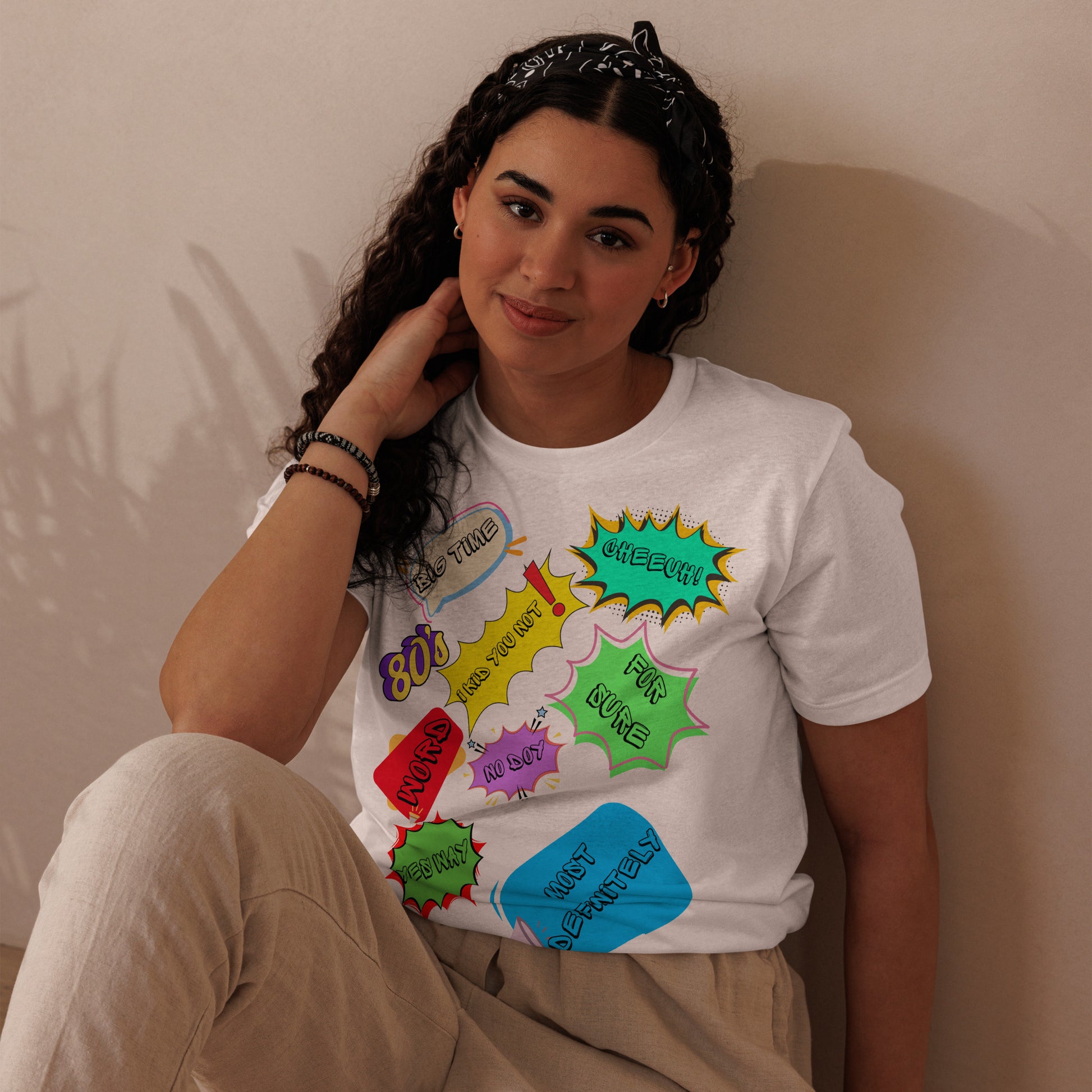 Unisex Eco T-Shirt with Retro 80s Pop Art Neon Graphic – Sustainable Streetwear by Hipyfi Clothes & Design. white-front-3
