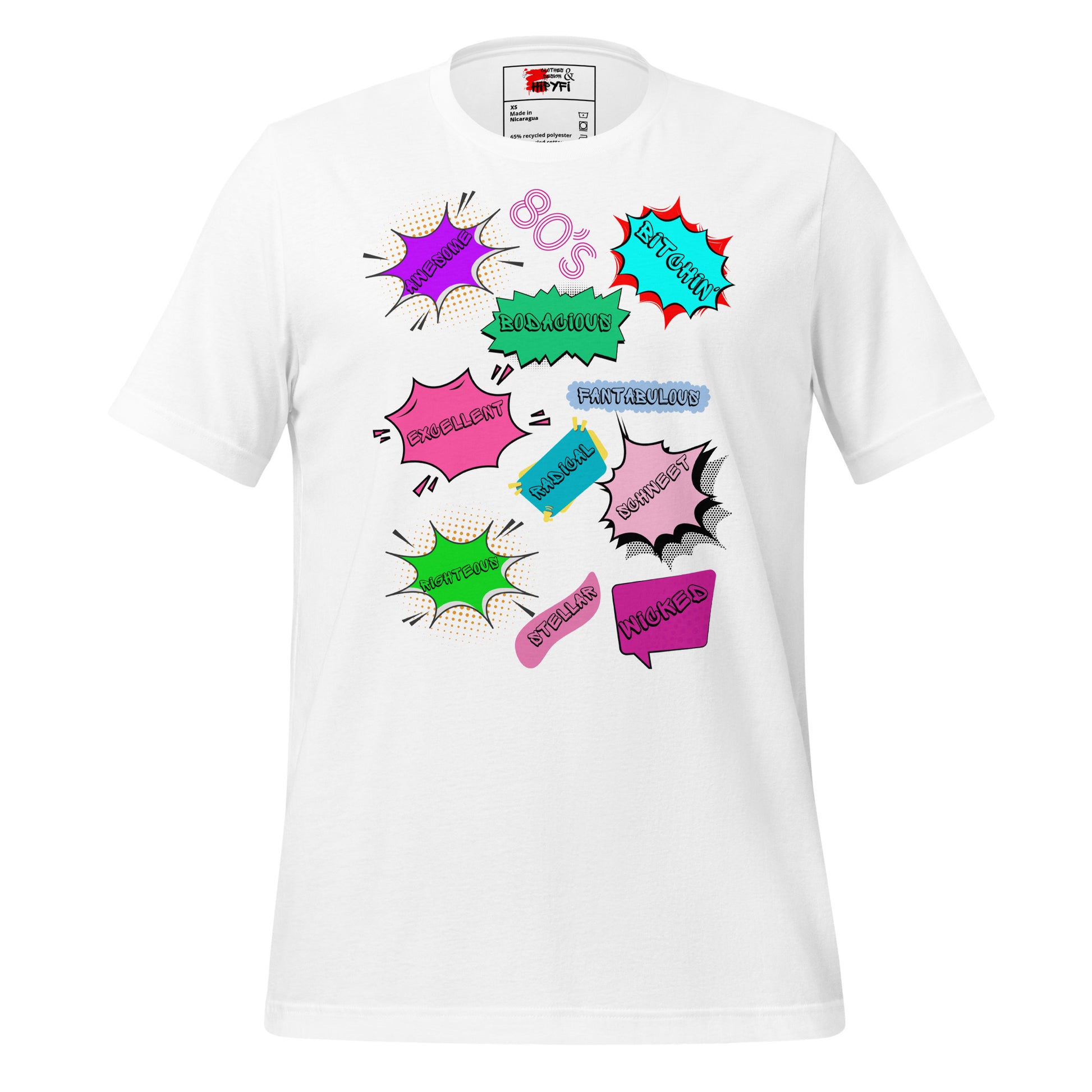 Hipyfi Unisex Eco-Friendly Retro Graphic Tee – 80s Pop Art Design, Recycled Materials, Casual Streetwear. white-front-4