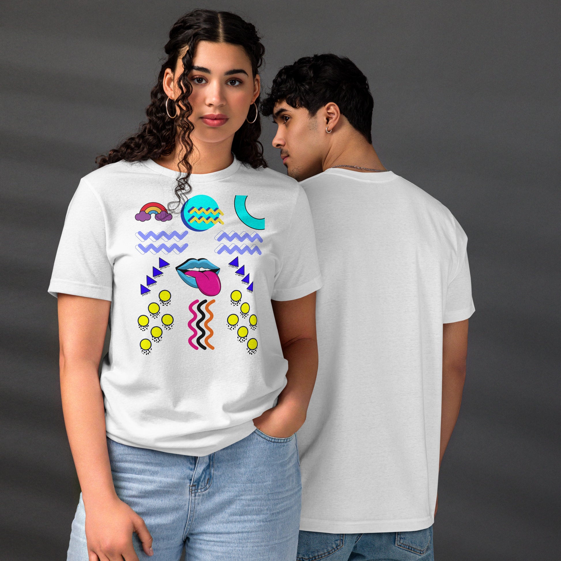 Unisex eco-friendly t-shirt with bold 80s Memphis pop art design – Retro graphic tee by Hipyfi Clothes & Design. white-front-and-back