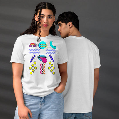 Unisex eco-friendly t-shirt with bold 80s Memphis pop art design – Retro graphic tee by Hipyfi Clothes & Design. white-front-and-back