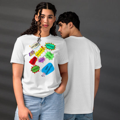 Unisex Eco T-Shirt with Retro 80s Pop Art Neon Graphic – Sustainable Streetwear by Hipyfi Clothes & Design. white-front-and-back
