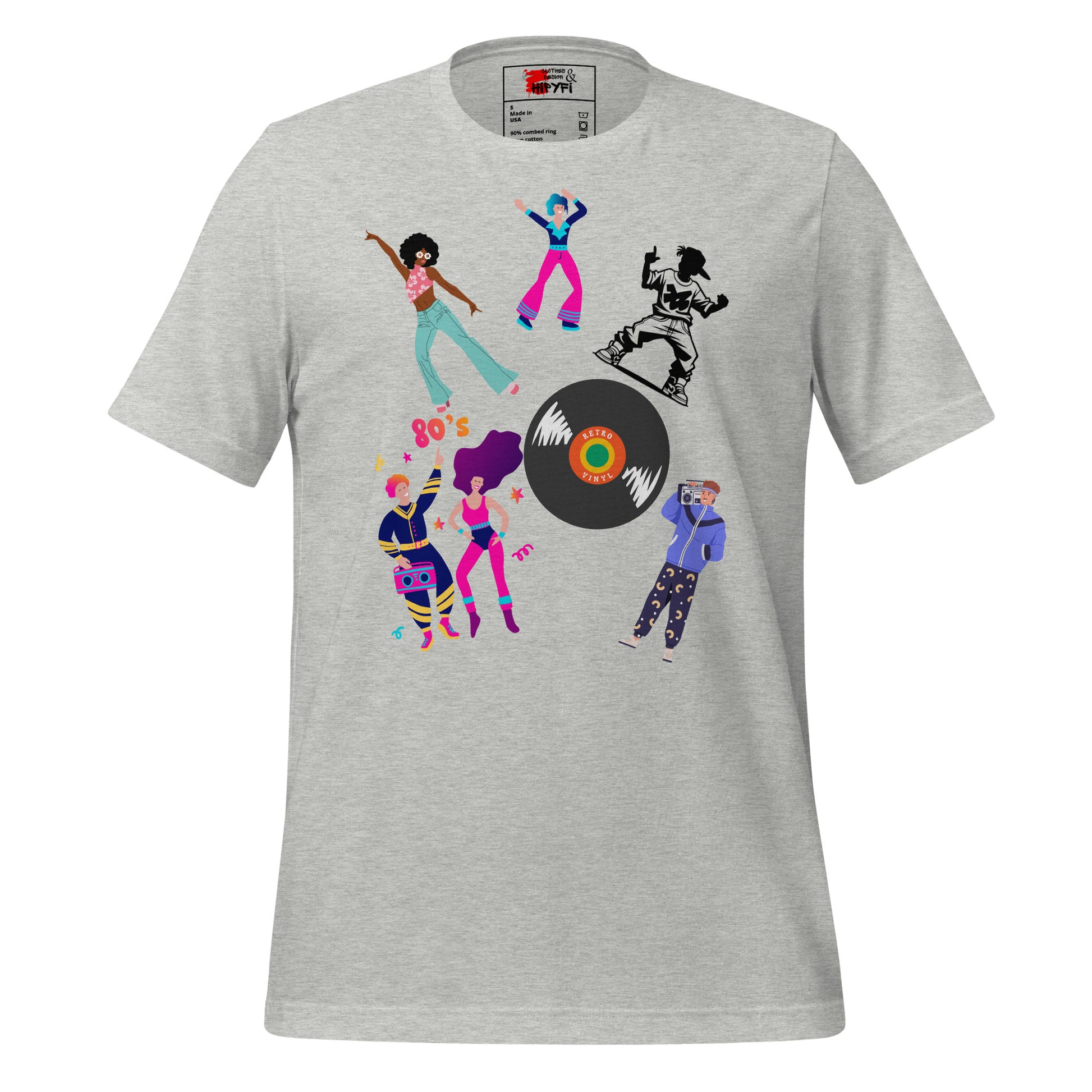 Unisex 80s Dance Graphic T-Shirt with Retro Vinyl Design by Hipyfi – Vintage Pop Art Streetwear. athletic-heather-front-4