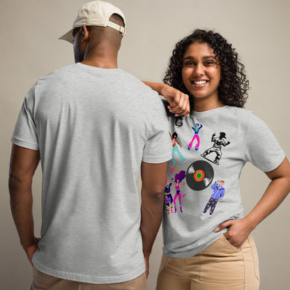Unisex 80s Dance Graphic T-Shirt with Retro Vinyl Design by Hipyfi – Vintage Pop Art Streetwear. athletic-heather-front