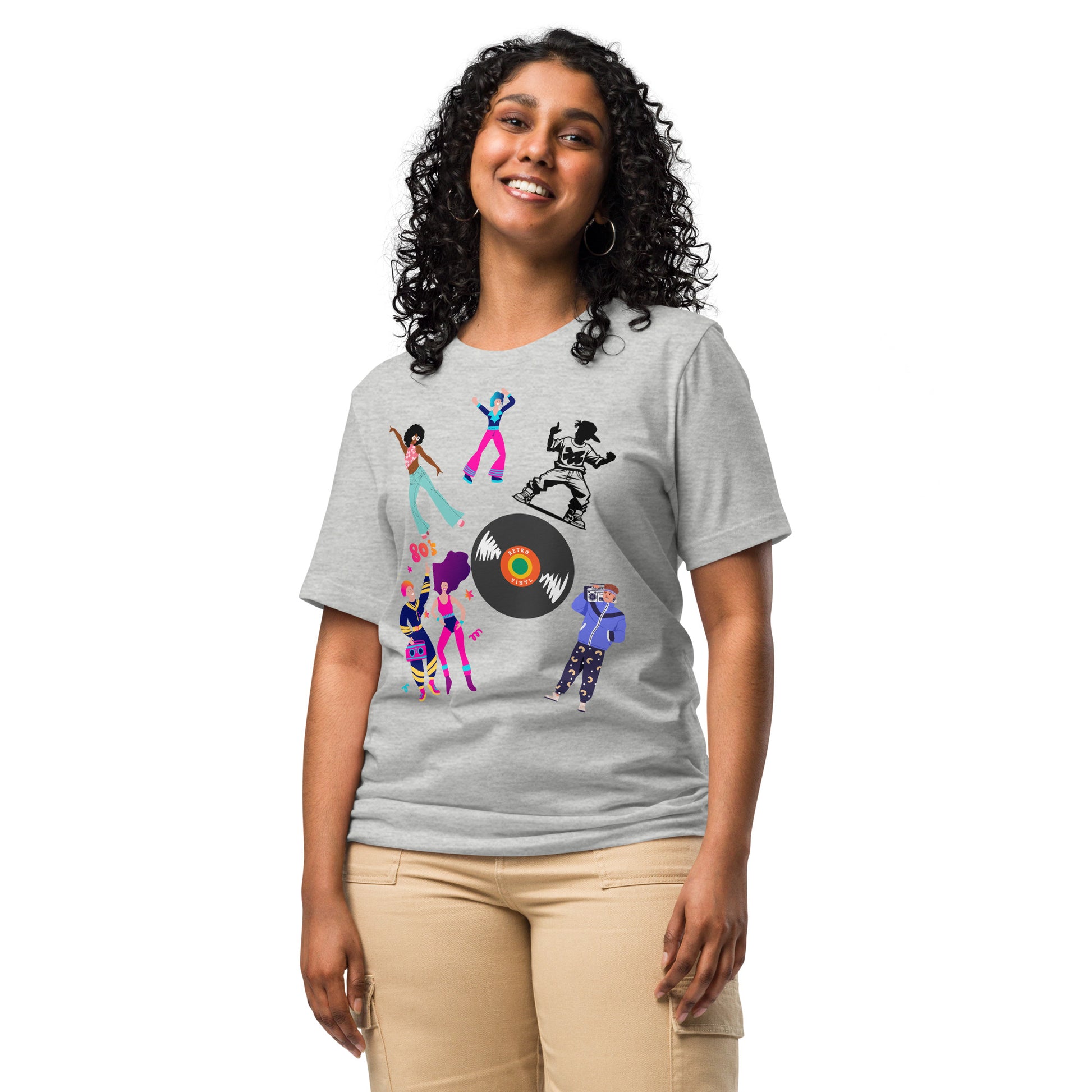 Unisex 80s Dance Graphic T-Shirt with Retro Vinyl Design by Hipyfi – Vintage Pop Art Streetwear. athletic-heather-front-3