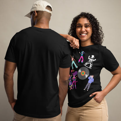Unisex 80s Dance Graphic T-Shirt with Retro Vinyl Design by Hipyfi – Vintage Pop Art Streetwear. black-front