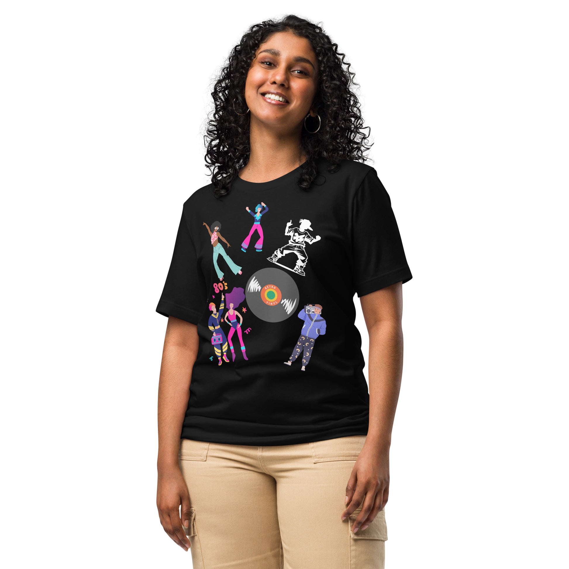 Unisex 80s Dance Graphic T-Shirt with Retro Vinyl Design by Hipyfi – Vintage Pop Art Streetwear. black-front-2