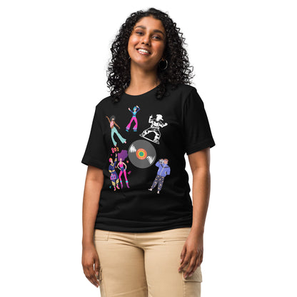 Unisex 80s Dance Graphic T-Shirt with Retro Vinyl Design by Hipyfi – Vintage Pop Art Streetwear. black-front-2