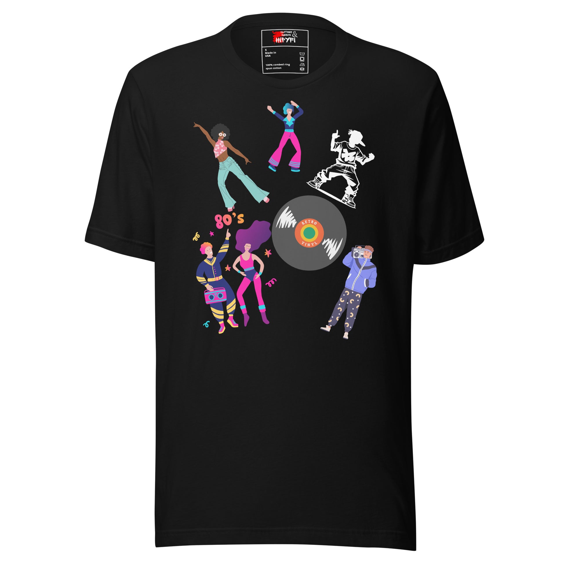 Unisex 80s Dance Graphic T-Shirt with Retro Vinyl Design by Hipyfi – Vintage Pop Art Streetwear. black-front-4