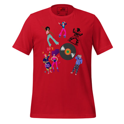 Unisex 80s Dance Graphic T-Shirt with Retro Vinyl Design by Hipyfi – Vintage Pop Art Streetwear. red-front-4