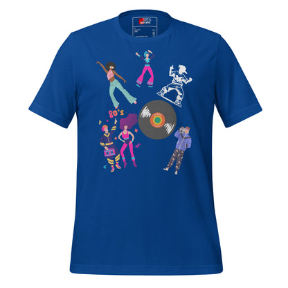 Unisex 80s Dance Graphic T-Shirt with Retro Vinyl Design by Hipyfi – Vintage Pop Art Streetwear. true-royal-front-4