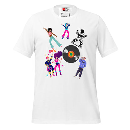 Unisex 80s Dance Graphic T-Shirt with Retro Vinyl Design by Hipyfi – Vintage Pop Art Streetwear. white-front-4