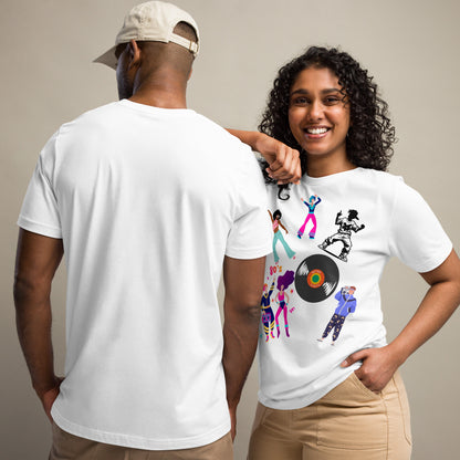 Unisex 80s Dance Graphic T-Shirt with Retro Vinyl Design by Hipyfi – Vintage Pop Art Streetwear. white-front