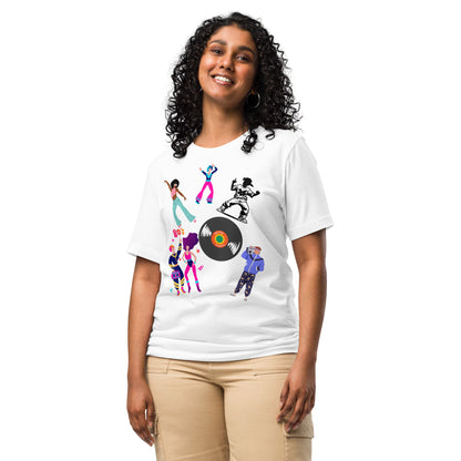Unisex 80s Dance Graphic T-Shirt with Retro Vinyl Design by Hipyfi – Vintage Pop Art Streetwear. white-front-3