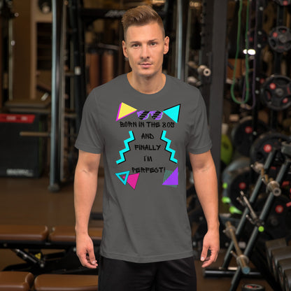 Hipyfi Unisex 80s Retro T-Shirt – Born in the 80s, Perfected for Today, featuring bold 80s graphic design and retro typography. asphalt-front