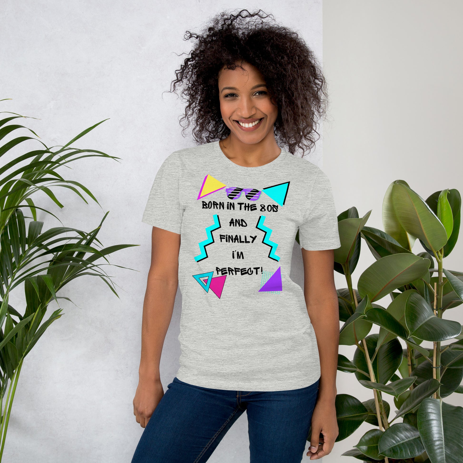 Hipyfi Unisex 80s Retro T-Shirt – Born in the 80s, Perfected for Today, featuring bold 80s graphic design and retro typography. athletic-heather-front-2