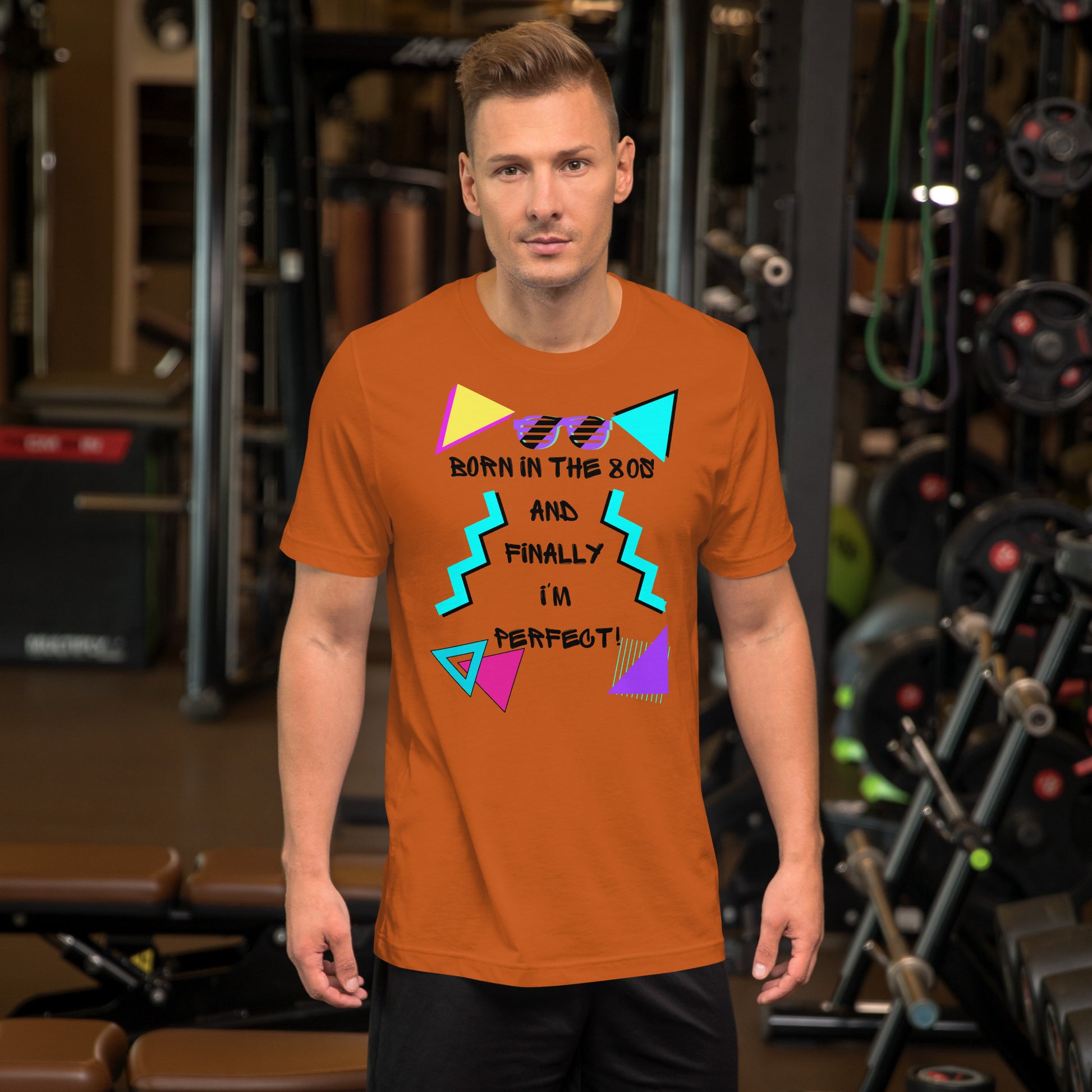 Hipyfi Unisex 80s Retro T-Shirt – Born in the 80s, Perfected for Today, featuring bold 80s graphic design and retro typography. autumn-front