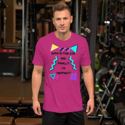Hipyfi Unisex 80s Retro T-Shirt – Born in the 80s, Perfected for Today, featuring bold 80s graphic design and retro typography. berry-front