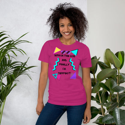 Hipyfi Unisex 80s Retro T-Shirt – Born in the 80s, Perfected for Today, featuring bold 80s graphic design and retro typography. berry-front-2
