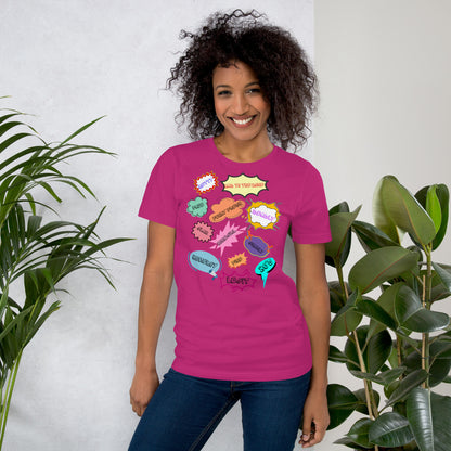 Unisex 80s graphic t-shirt with comic-style slang design by Hipyfi Clothes & Design. berry-front